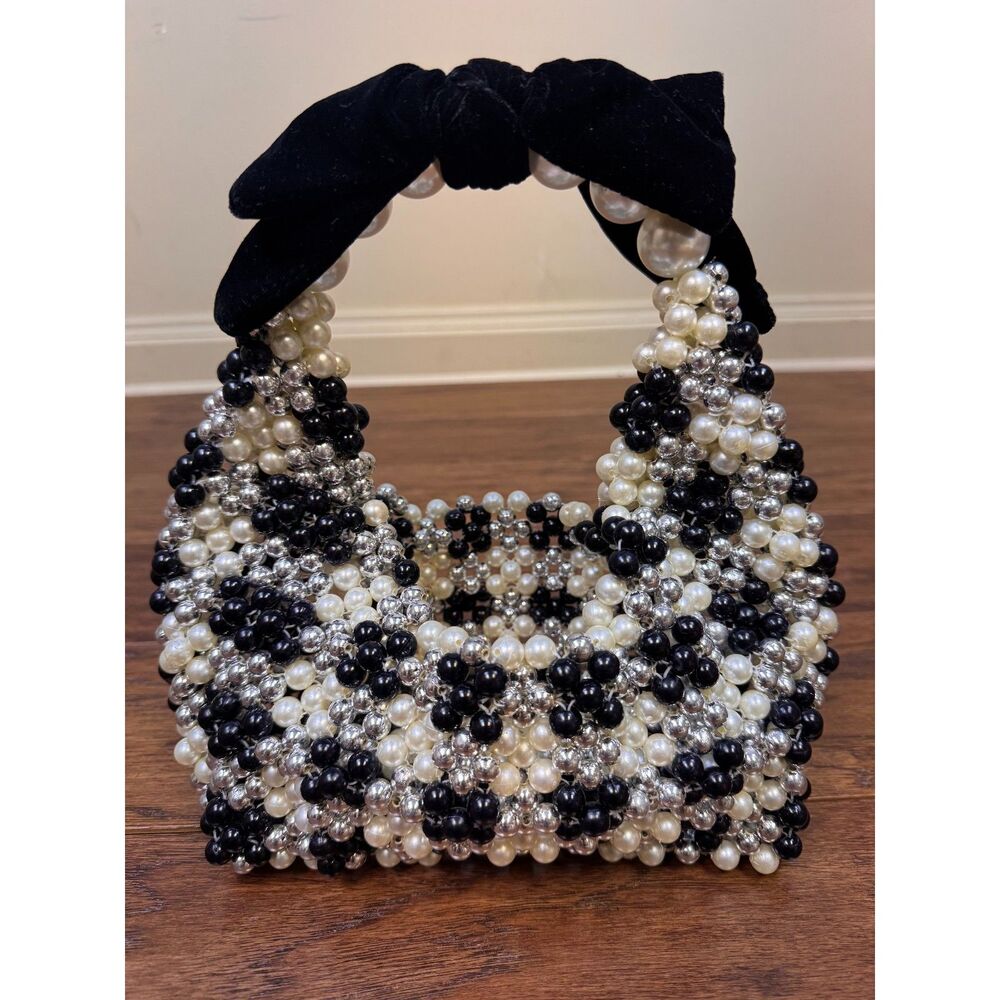 A NEW DAY Beaded Checkered Velvet Bow Shoulder Bag, White/Black/Silver, Pearls